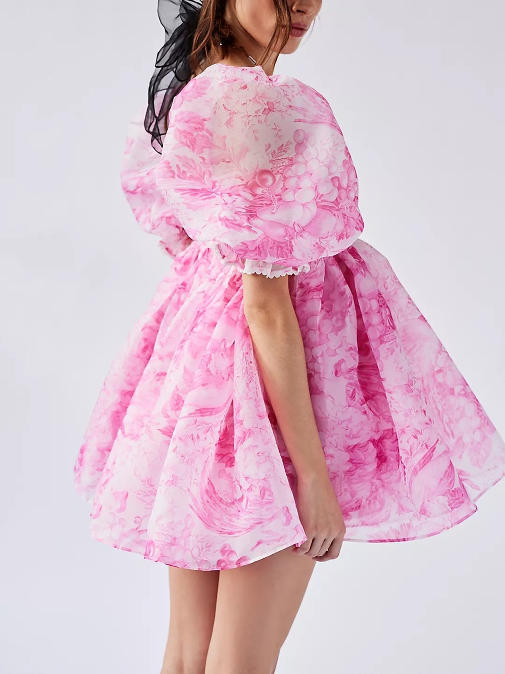 Selkie Pink Floral Puff-Sleeve Mini Dress Maximalism girly birthday Statement M